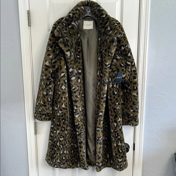 NWT Lucky Brand Faux Fur Long Line Coat green leopard camo size large - Picture 5 of 13